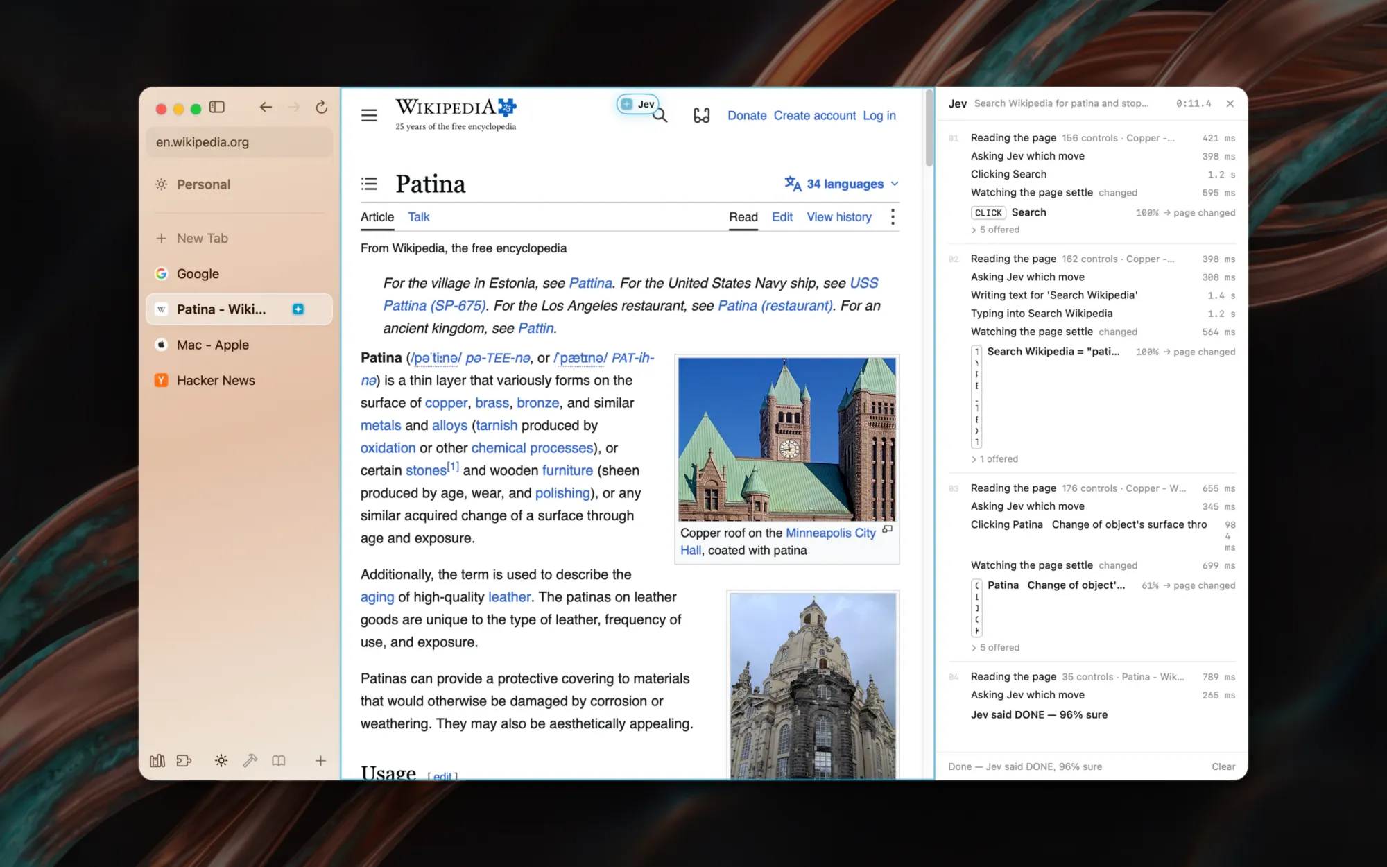 Copper on the Wikipedia article for Patina, with a small Jev pill at the top of the page and the driver timeline open on the right. The timeline lists each cycle: reading the page, asking Jev which move, clicking Search, typing “patina”, clicking the Patina result, and finally Jev said DONE, 96% sure.
