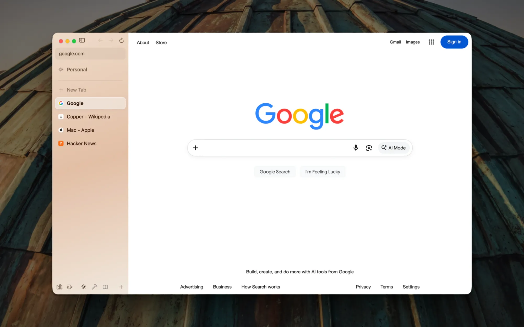 A Copper window on google.com in front of a patina-green copper dome. The sidebar on the left, washed in the Personal space's warm copper, holds the address, the space's name and four tabs: Google, Copper on Wikipedia, Mac on apple.com and Hacker News. There is no toolbar.